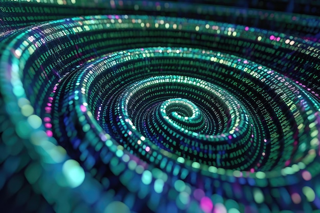 Esta foto captura uma imagem abstrata com uma espiral visualmente impressionante formada em tons de azul e verde código binário organizado como padrão espiral hipnótico AI gerado