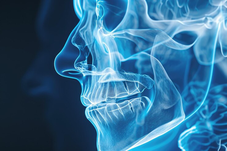 Foto esta foto captura uma imagem de raio-x azul de uma cabeça humana destacando os detalhes intrincados da estrutura do crânio.