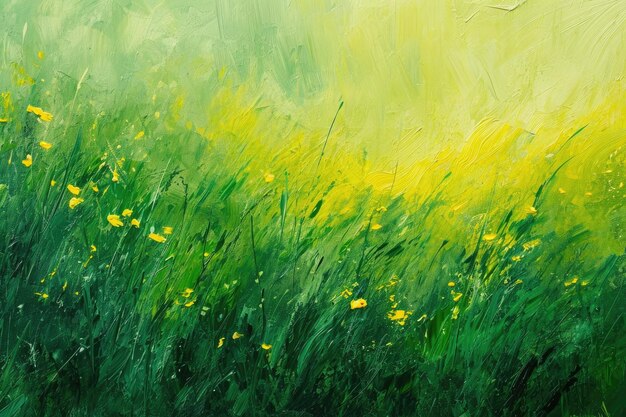 Esta foto captura uma pintura com grama verde vibrante e flores amarelas em flor Interpretação abstrata de um prado verde exuberante na primavera Gerada por IA