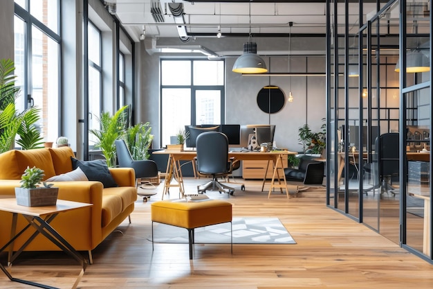 Esta foto captura uma sala cheia de móveis e adornada com inúmeras plantas Casual Friday em um ambiente de escritório moderno AI Gerado