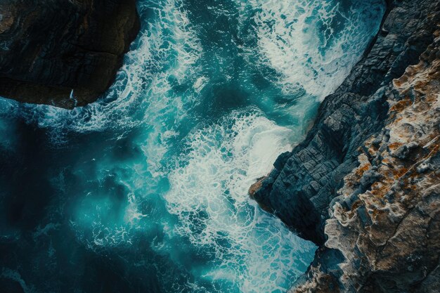 Esta foto captura uma vista aérea de tirar o fôlego do vasto oceano, vista de um penhasco imponente. Exibição aérea de um mar temperamental se entrelaçando em torno de costas cobertas de pedras.