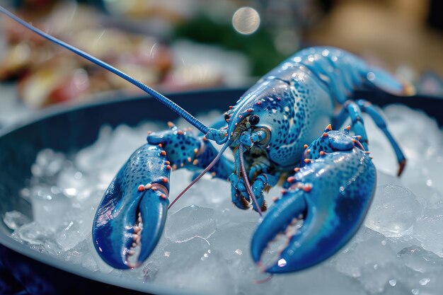 Foto esta foto em close capta os detalhes de uma lagosta azul descansando em um leito de gelo em close de uma rara lagosta azul em uma bandeja de gelo gerada pela ia