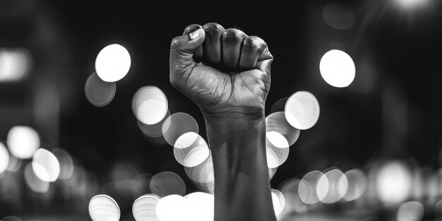 Esta foto em preto e branco captura uma pessoa levantando o punho em um gesto poderoso a imagem transmite força determinação e desafio