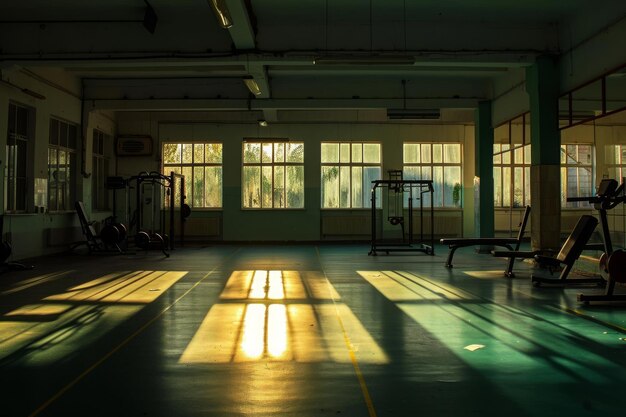 Foto esta foto mostra um ginásio totalmente equipado com uma grande variedade de máquinas de exercícios, pesos e estações de treino para entusiastas de fitness. um ginásio vazio iluminado apenas pelo sol da manhã, gerado pela ia.