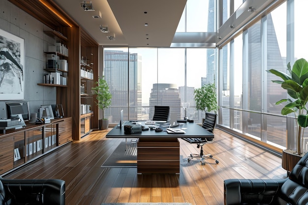 Esta foto mostra uma sala com uma mesa, cadeiras e uma grande janela que oferece uma vista para o exterior Escritório de negócios contemporâneo com equipamentos de alta tecnologia AI Gerado