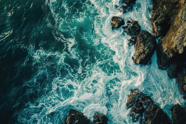 Esta fotografia aérea captura a vasta extensão do oceano e a beleza acidentada do litoral rochoso Visão aérea do mar como uma trilha espumosa em torno de aglomerados de rochas Gerada por IA