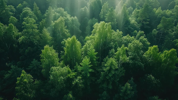 Esta fotografia aérea captura uma floresta densa com a luz do sol atravessando o dossel