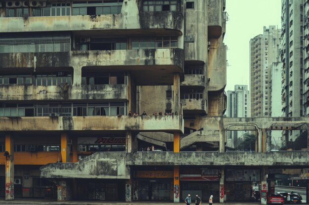 Esta fotografia captura a estatura impressionante de um edifício imponente adornado com inúmeras janelas e varandas Arquitetura brutalista em uma cidade movimentada