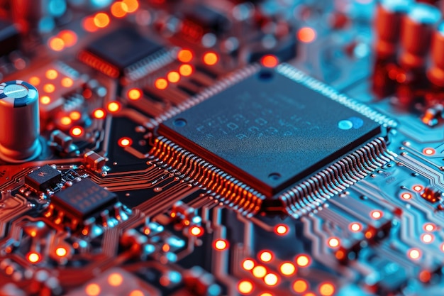 Esta fotografia em close mostra os detalhes intrincados de uma placa de circuito de computador Microprocessador em close conceito de hardware de computador AI Gerado