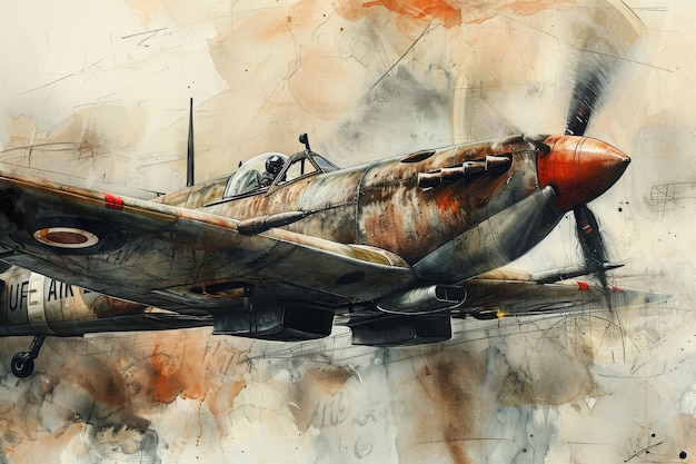 Esta fotografia mostra uma pintura realista de um avião envelhecido voando pelo céu avião de combate britânico da Segunda Guerra Mundial pintado com arte de guerra AI Gerado