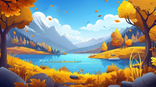 Esta ilustração de desenho animado moderno mostra uma bela cena de um lago azul em um vale de outono cercado por árvores arbustos amarelos e grama folhas douradas voando no vento e um céu nublado e frio