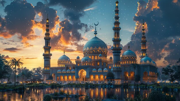 Esta ilustração impressionante captura a beleza da mesquita com cores vibrantes e detalhes intrincados criando uma peça central impressionante para suas celebrações do Ramadan