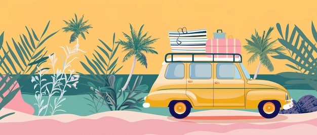 Foto esta ilustração moderna de desenho animado retrata um carro de táxi amarelo retro saindo do mar com uma pilha de malas em seu telhado esta é uma vista lateral do carro com uma prancha de surf está ambientada em uma paisagem do sul