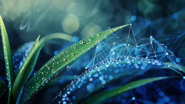 Foto esta ilustração moderna mostra gotículas de água azuis abstratas caindo de uma folha de planta verde. tem um design de poli baixo combinado com um fundo azul geométrico e uma conexão de luz de estrutura de arame