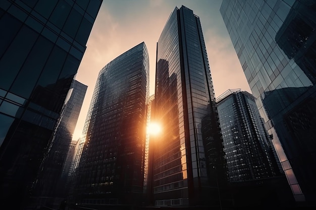 Esta imagem apresenta uma visão de baixo ângulo de modernas torres de escritórios com altas fachadas de vidro, enfatizando sua altura e os conceitos econômicos que representam IA generativa