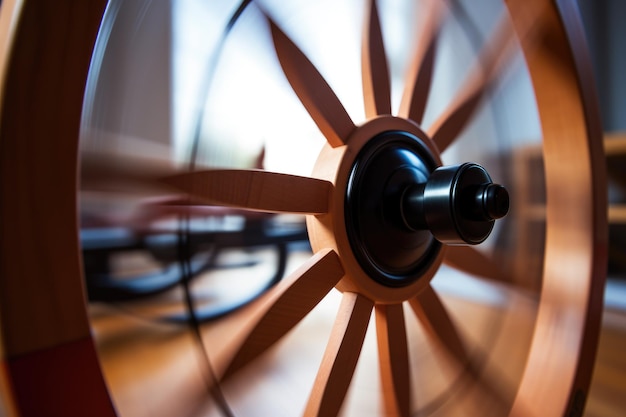 Esta imagem captura uma visão detalhada de uma roda de madeira colocada em uma mesa Close Up de uma roda giratória em movimento durante um treino AI Gerado
