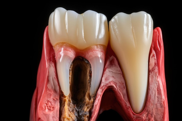 Foto esta imagem captura uma visão em close-up de um dente com um buraco também conhecido como uma cavidade destacando um problema comum de saúde dental causado por cárie periostite dente nódulo na gengiva acima do dente ai gerado