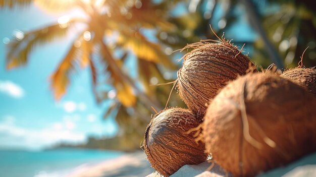 Esta imagem convidativa retrata um grupo de cocos deitados em uma praia de areia, tomando sol no calor do sol tropical, com palmeiras balançando suavemente ao fundo
