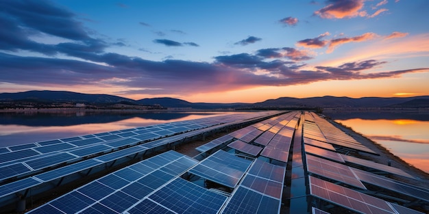 Esta imagem de módulos de painel de bateria solar contra um lindo pôr do sol e um céu azul no crepúsculo representa