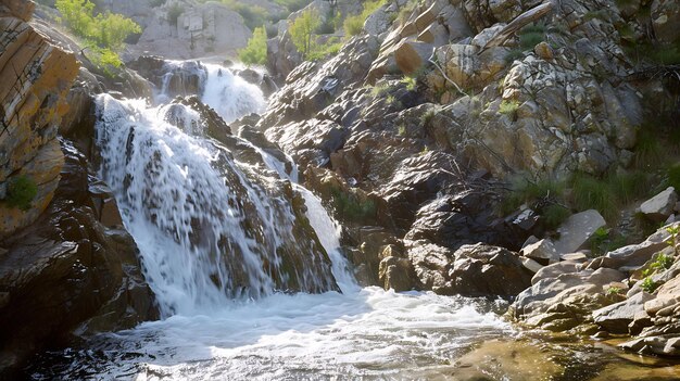 Foto esta imagem é de uma bela cachoeira em um desfiladeiro rochoso a água é cristalina e o sol está brilhando brilhantemente criando uma cena impressionante