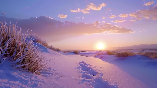 Esta imagem é de uma bela paisagem coberta de neve com um sol a pôr