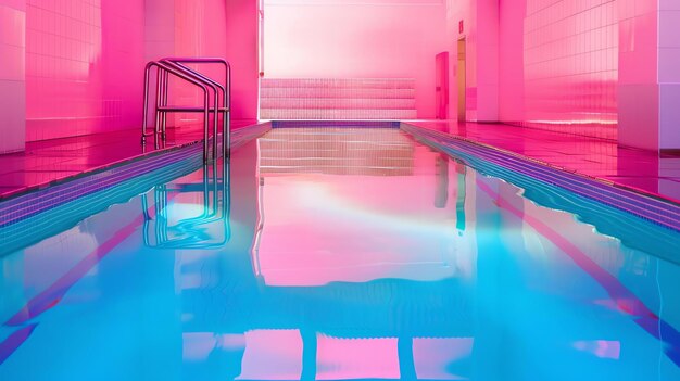 Foto esta imagem é de uma piscina rosa e azul. a piscina é cercada por azulejos cor-de-rosa e a água é cristalina.