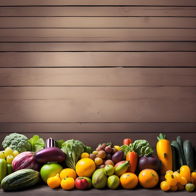 Esta imagem é uma fotografia de alta qualidade de várias frutas e legumes dispostas em uma velha madeira
