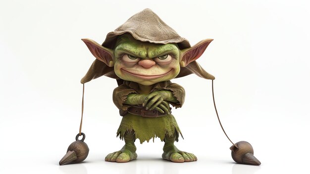 Foto esta imagem é uma renderização 3d de um goblin verde. o goblin está vestindo um chapéu castanho e uma camisa verde.