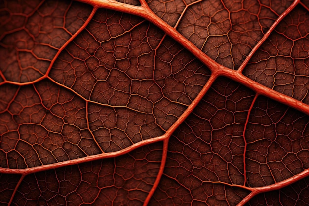 Esta imagem fornece uma visão detalhada de uma única veia de folha mostrando os intrincados padrões e designs da natureza Visão microscópica das veias das folhas de outono gerada por IA
