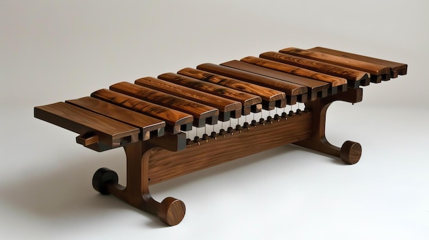Esta imagem mostra um banco de xilófono de madeira artesanal com 12 barras É feito de madeira de nozes e tem um acabamento natural