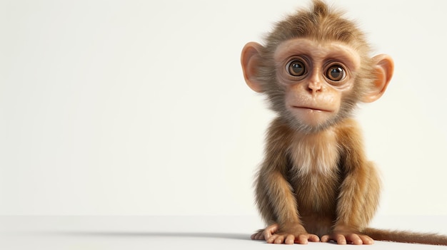 Esta imagem mostra um bebê macaco sentado em um fundo branco O macaco tem pele castanha e grandes olhos castanhos