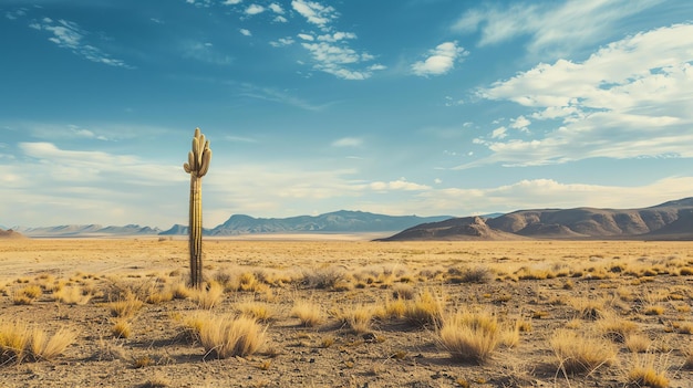 Foto esta imagem mostra um cacto sozinho em uma vasta paisagem desértica. o cacto está em primeiro plano com uma grande cordilheira ao fundo.