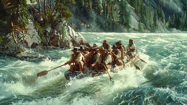 Foto esta imagem mostra um grupo de homens em um barco em um rio. os homens estão usando chapéus e remando o barco através das corredeiras.
