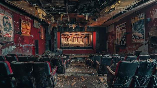 Esta imagem mostra um teatro abandonado os assentos estão cobertos de poeira e as paredes estão descascando o palco está vazio e as cortinas estão rasgadas