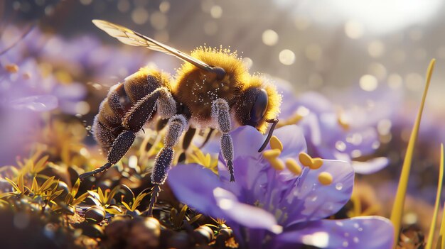 Esta imagem mostra uma abelha em uma flor roxa. A abelha está coberta de pólen e está coletando néctar da flor.