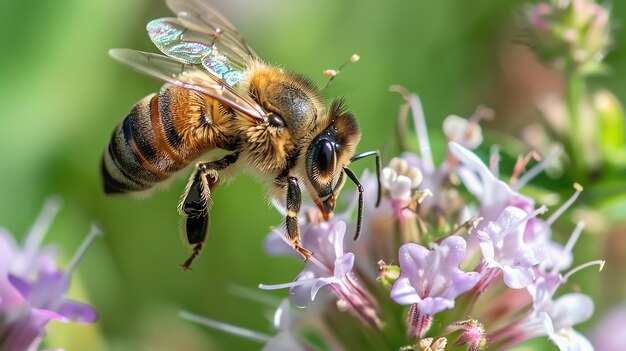 Esta imagem mostra uma abelha polinizando uma flor. A abelha está coberta de pólen e a flor está cercada por folhas verdes.