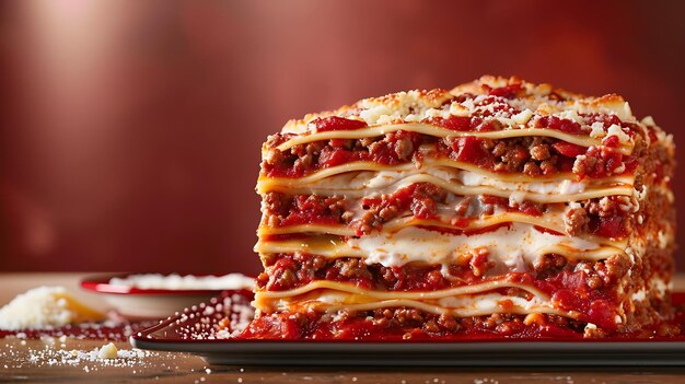 Foto esta imagem mostra uma deliciosa lasanha com camadas de pasta, carne, queijo e molho. a lasanha é cortada em um pedaço quadrado e servida em um prato.