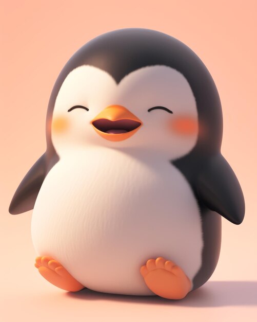 Esta imagem retrata um bonito pinguim de desenho animado gordo sorrindo com os olhos fechados em um rosa suave