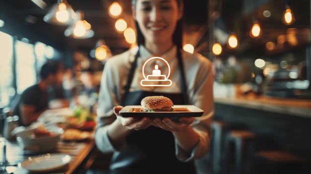 Esta imagem retrata uma mulher segurando um smartphone e um ícone representando um restaurante Isso ilustra a tecnologia moderna usada na indústria de catering