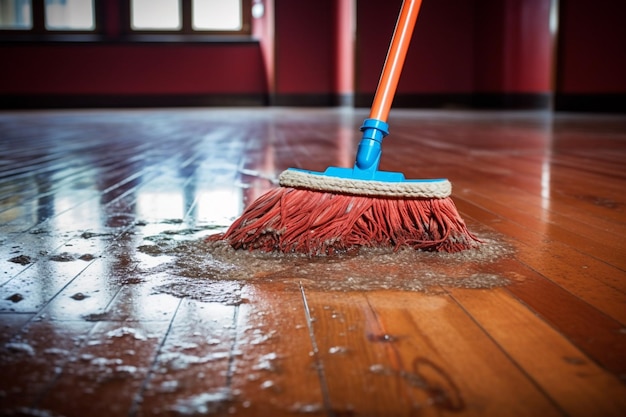 Se está limpiando una escoba roja en un piso de madera.