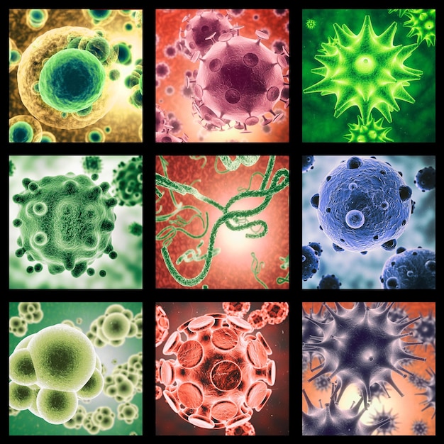 ¿Está listo su sistema inmunológico? Una imagen combinada de varios microorganismos vistos bajo un microscopio en color.