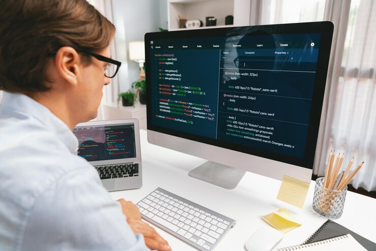 Foto está mirando el desarrollo de software en línea en la pc alinear el trabajo portátil pecuniario