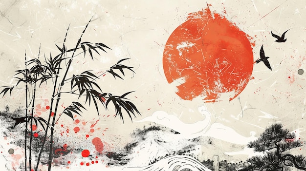 Esta paisagem de arte abstrata apresenta elementos tradicionais asiáticos, incluindo árvores de bambu, pássaros, folhas, nuvens, decorações de bonsai e ondas de linhas desenhadas à mão.