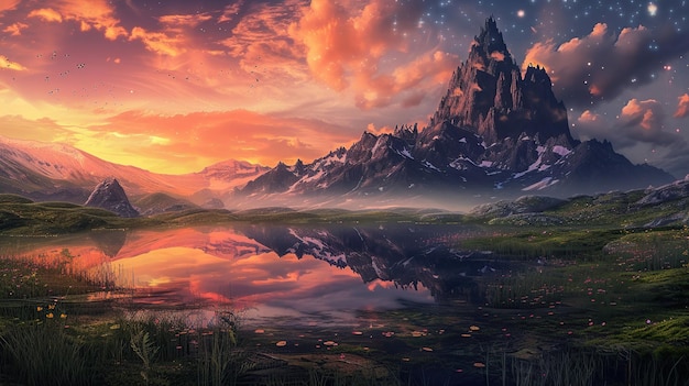Foto esta paisagem de fantasia cativou com sua beleza radiante e reflexos encantadores generative ai
