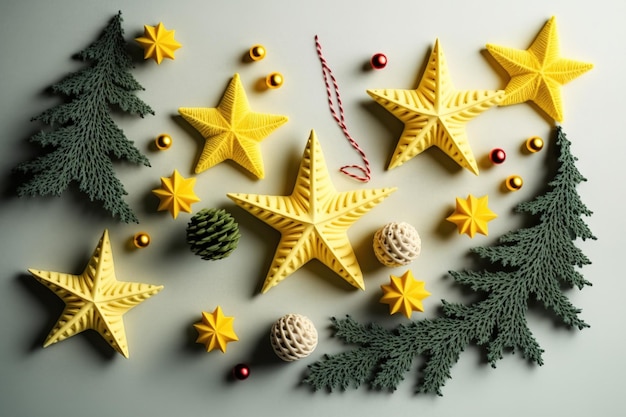 Esta peça de Natal e Ano Novo apresenta uma guirlanda de galhos de abeto de estrelas amarelas tricotadas e frutas vermelhas