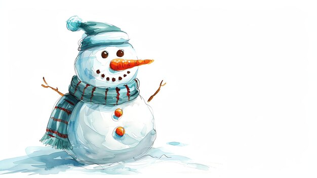 Foto esta pintura a aquarela de um boneco de neve é perfeita para a temporada de férias o boneco de gelo está vestindo um chapéu azul e um lenço e tem uma cenoura para o nariz