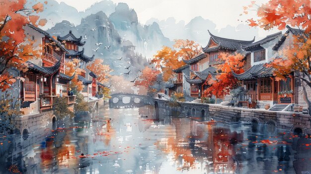 Esta pintura a aquarela retrata a Cidade da Água na China