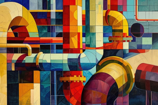 Esta pintura impressionante retrata uma variedade de tubos em cores diferentes, mostrando a diversidade e a vibração deste tema cativante Um retrato cubista de tubulações industriais Gerado por IA