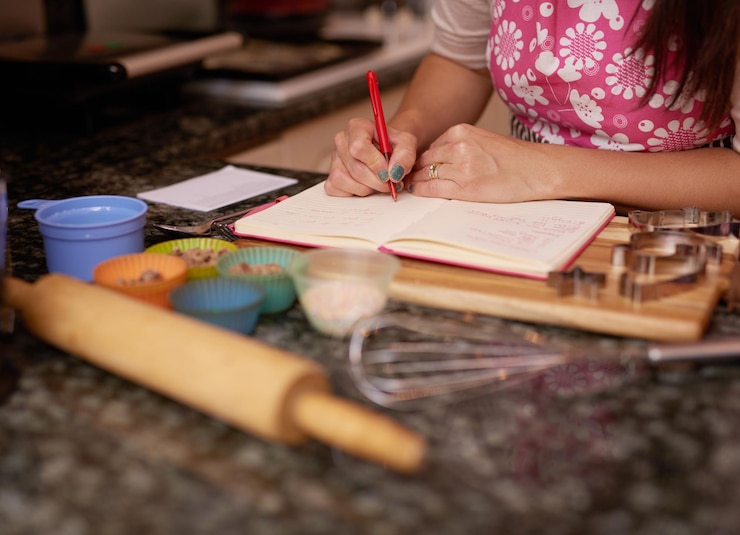 Foto está a punto de hornear unas deliciosas golosinas fotografía de una mujer escribiendo en un libro de recetas