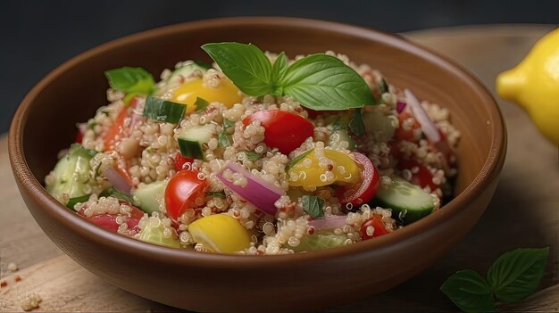 Esta refrescante salada fria de quinoa é embalada com vegetais coloridos e temperada com um vinagrete de limão picante, tornando-a uma escolha saudável e saborosa para qualquer refeição.